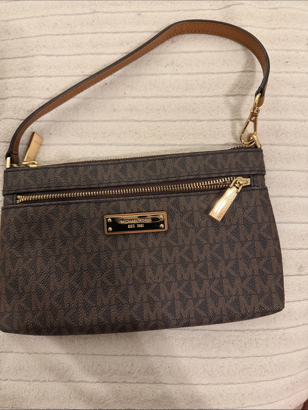Michael Kors Brown MK Signature Wristlet with Gold Hardware